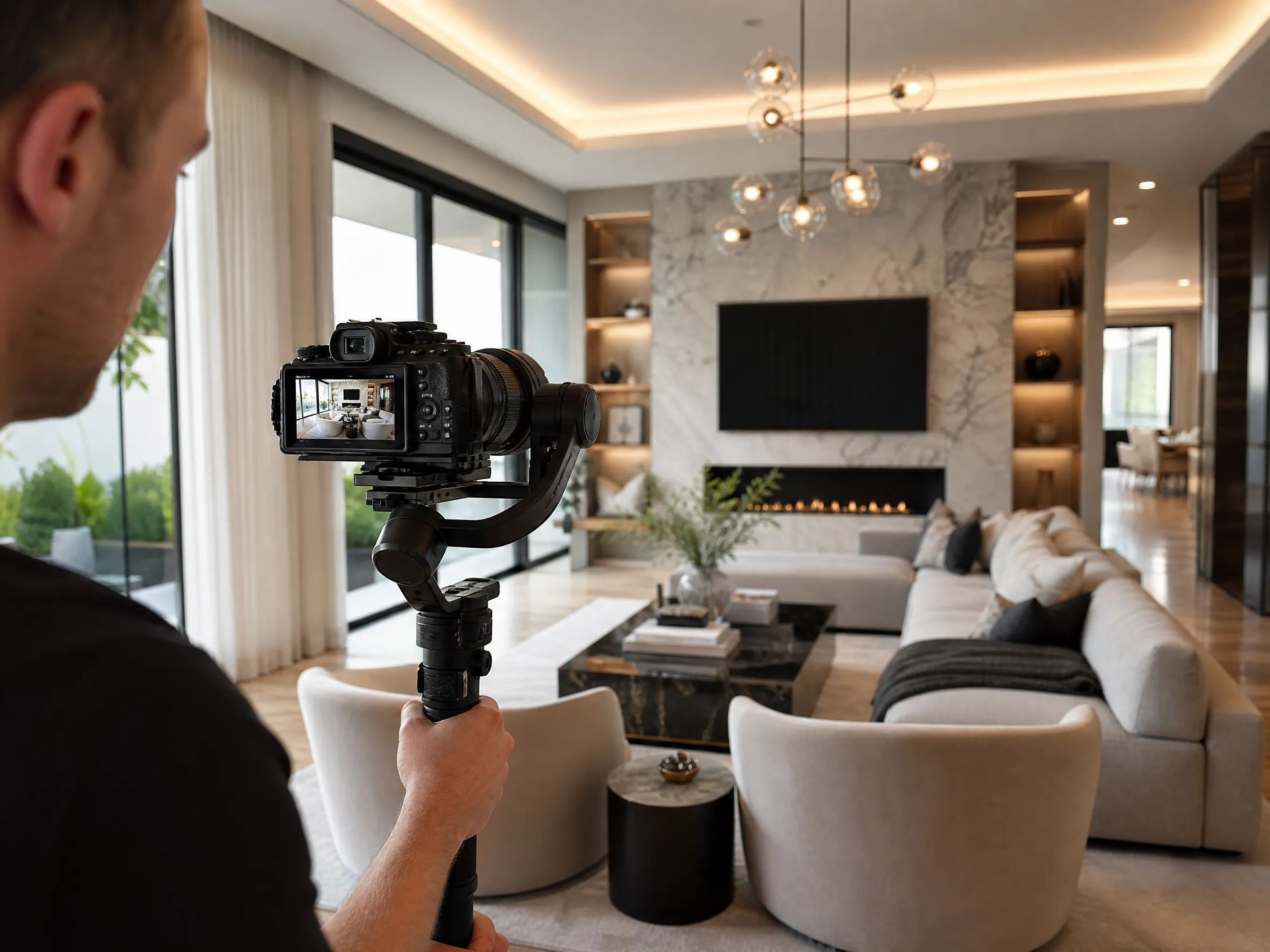 Kamera auf Gimbal filmt ein Wohnzimmer