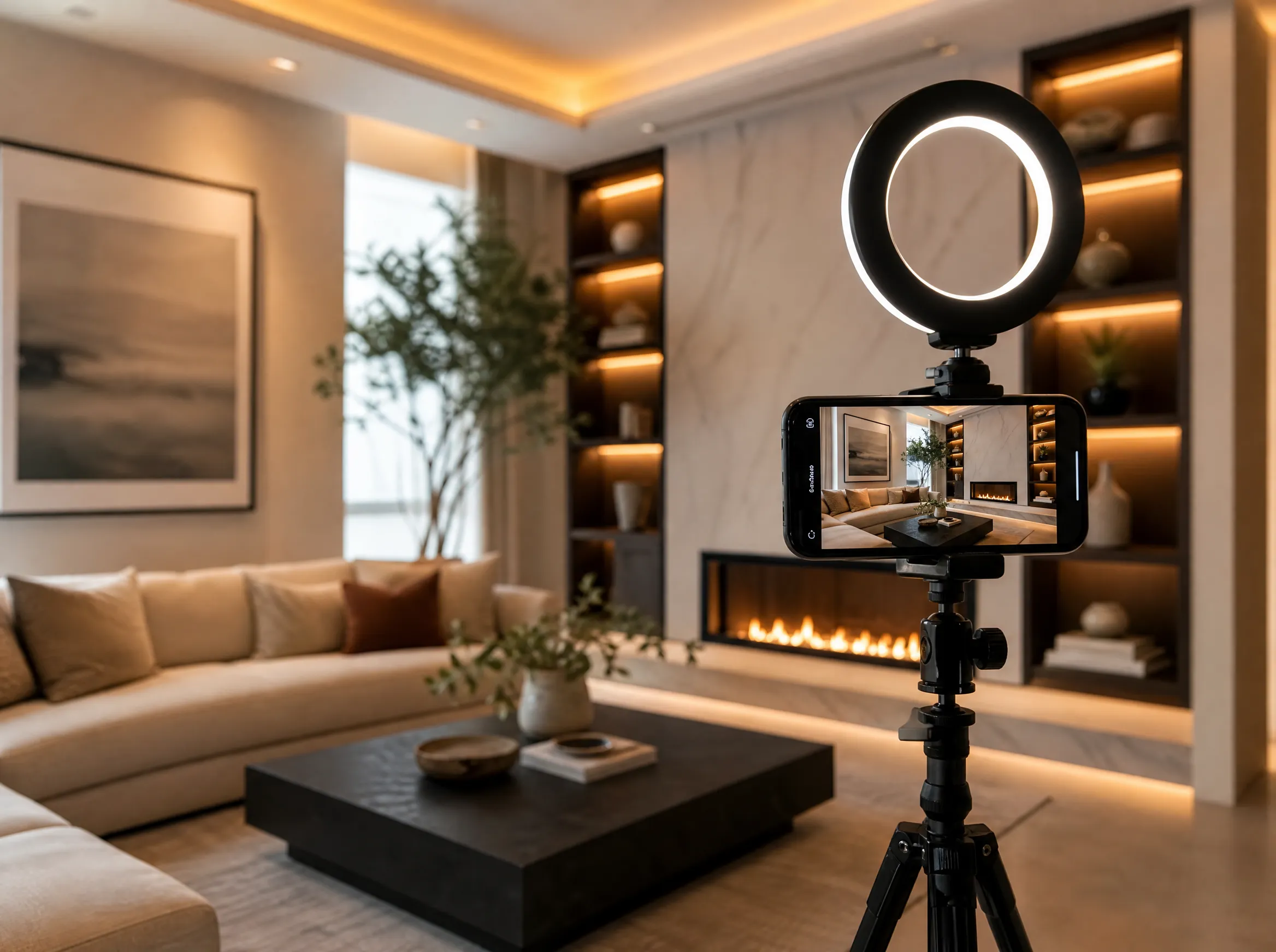 Smartphone mit Ringlicht filmt ein Interieur